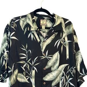 Tommy Bahama Men’s 100% Silk Hawaiian Shirt L‎ Black Leaf Print Short Sleeve